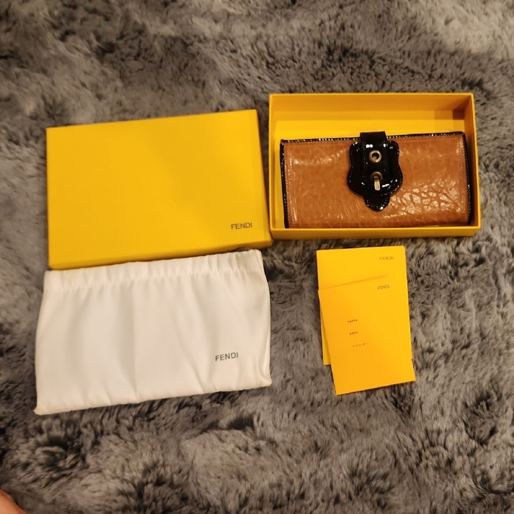 Fendi Brown Leather Wallet with Black Patent Trim and Gold Hardware
